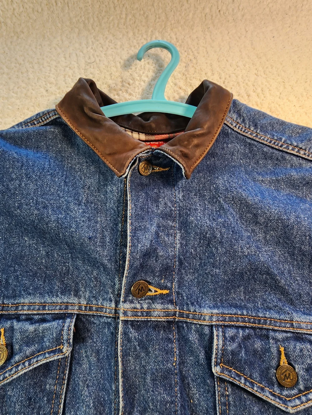 Vintage Marlboro Country Store Denim Trucker Jacket Leather Collar Flannel Sz L